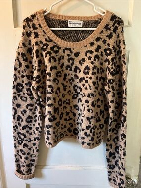 No Boundaries Leopard Print Crewneck Sweater in Tan and Black